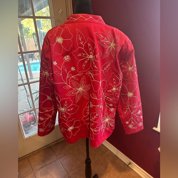 Draper’s & Damon’s Jacket XL Red Floral Embroidered Sequin Beaded Button Front - Picture 7 of 9